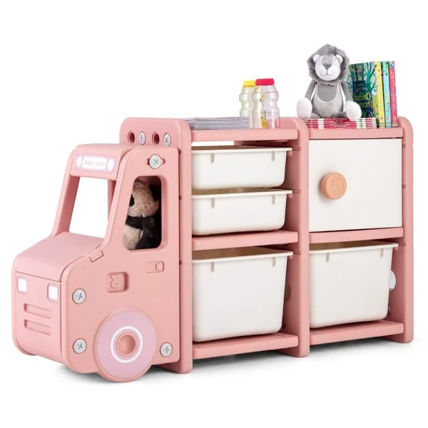 Meuble de Rangement Jouets pour Enfant 2 bac 2 tiroirs et 1 placard 110 x 32 x 66 (L x l x H) CM Gris/Rose