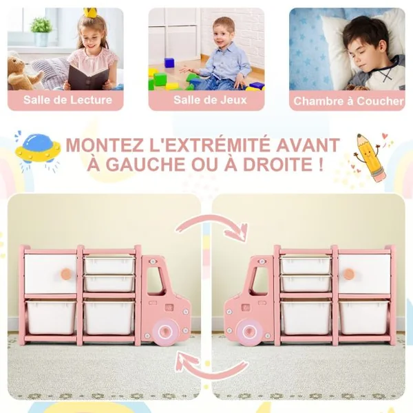 Meuble de Rangement Jouets pour Enfant 2 bac 2 tiroirs et 1 placard 110 x 32 x 66 (L x l x H) CM Gris/Rose