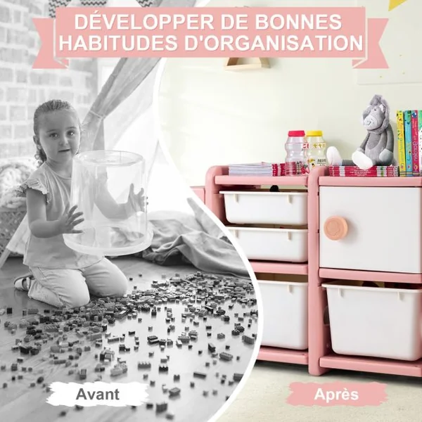 Meuble de Rangement Jouets pour Enfant 2 bac 2 tiroirs et 1 placard 110 x 32 x 66 (L x l x H) CM Gris/Rose