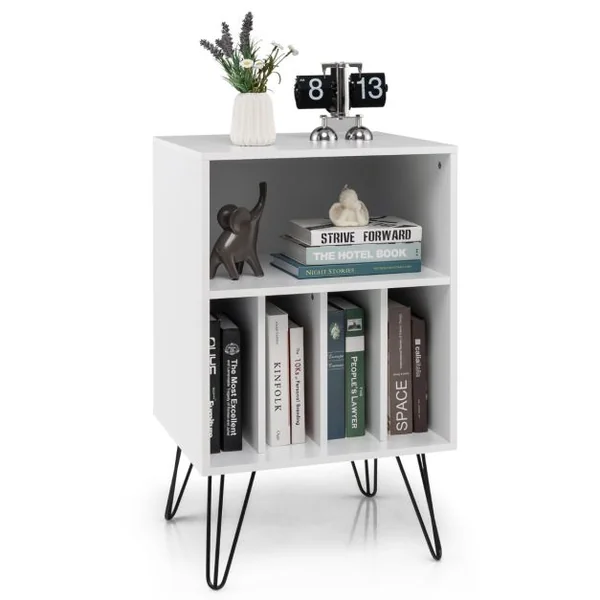 Meuble de Rangement Meuble pour Tourne-Disque avec 5 Compartiments Ouverts et Pieds en Métal Style Industriel Blanc
