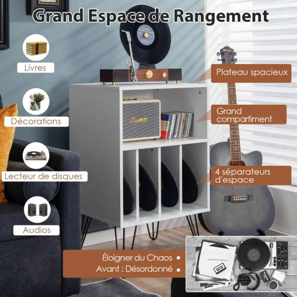 Meuble de Rangement Meuble pour Tourne-Disque avec 5 Compartiments Ouverts et Pieds en Métal Style Industriel Blanc