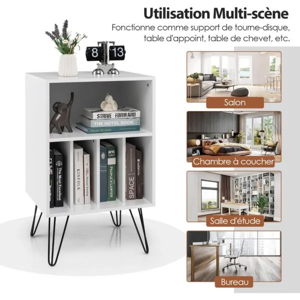 Meuble de Rangement Meuble pour Tourne-Disque avec 5 Compartiments Ouverts et Pieds en Métal Style Industriel Blanc