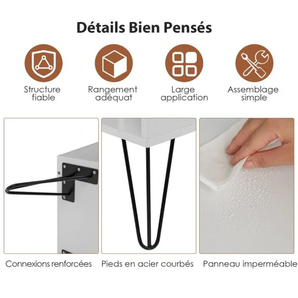 Meuble de Rangement Meuble pour Tourne-Disque avec 5 Compartiments Ouverts et Pieds en Métal Style Industriel Blanc