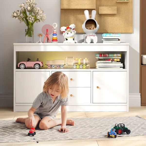 Meuble de Rangement pour Jouets d’Enfants Bibliothèque en Bois pour Enfants Etagère Ouverte 2 Tiroirs 2 Portes Blanc