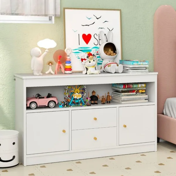 Meuble de Rangement pour Jouets d’Enfants Bibliothèque en Bois pour Enfants Etagère Ouverte 2 Tiroirs 2 Portes Blanc