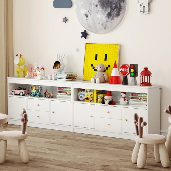 Meuble de Rangement pour Jouets d’Enfants Bibliothèque en Bois pour Enfants Etagère Ouverte 2 Tiroirs 2 Portes Blanc