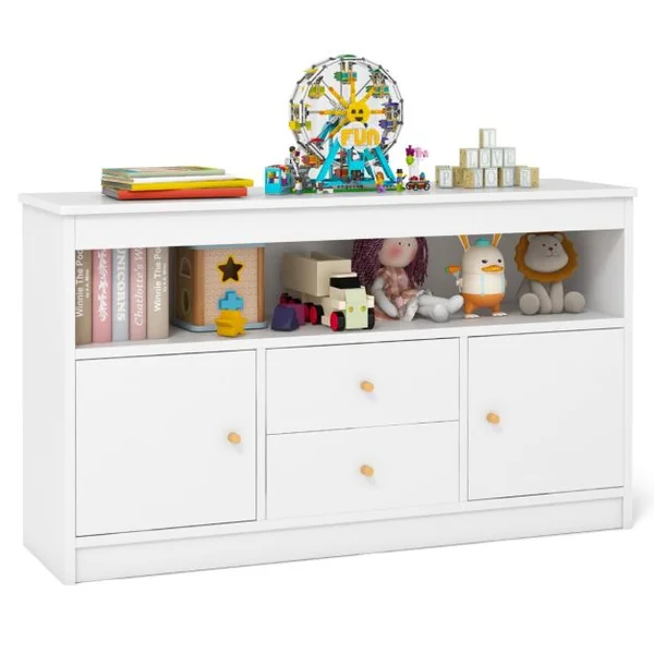 Meuble de Rangement pour Jouets d’Enfants Bibliothèque en Bois pour Enfants Etagère Ouverte 2 Tiroirs 2 Portes Blanc
