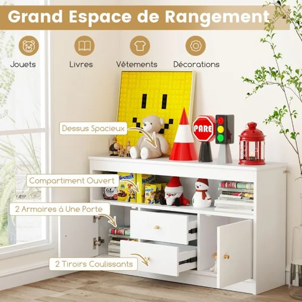 Meuble de Rangement pour Jouets d’Enfants Bibliothèque en Bois pour Enfants Etagère Ouverte 2 Tiroirs 2 Portes Blanc