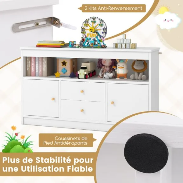 Meuble de Rangement pour Jouets d’Enfants Bibliothèque en Bois pour Enfants Etagère Ouverte 2 Tiroirs 2 Portes Blanc