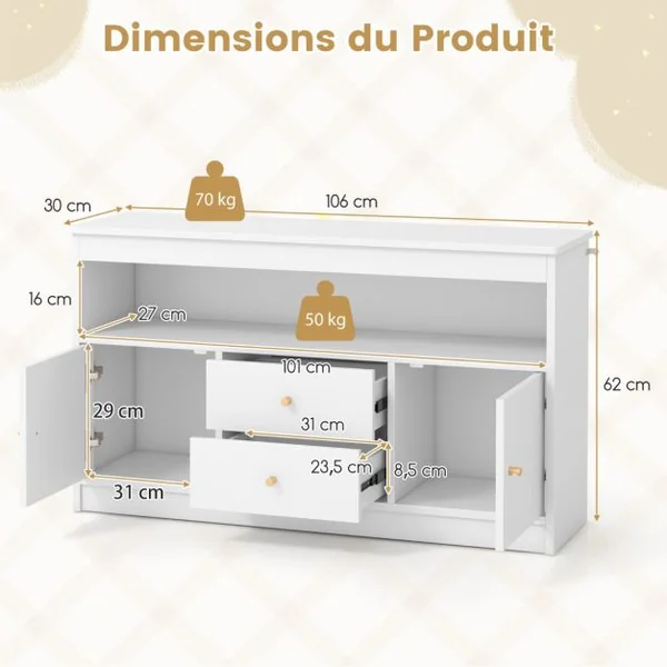 Meuble de Rangement pour Jouets d’Enfants Bibliothèque en Bois pour Enfants Etagère Ouverte 2 Tiroirs 2 Portes Blanc
