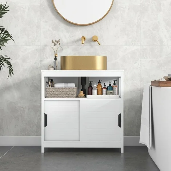 Meuble de Rangement pour Lavabo Meuble sous Lavabo avec 2 Portes Coulissantes et Découpe en Forme de ‘U’ 60 x 30 x 60 cm Blanc