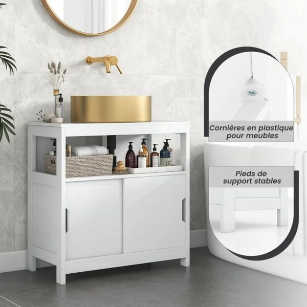 Meuble de Rangement pour Lavabo Meuble sous Lavabo avec 2 Portes Coulissantes et Découpe en Forme de ‘U’ 60 x 30 x 60 cm Blanc