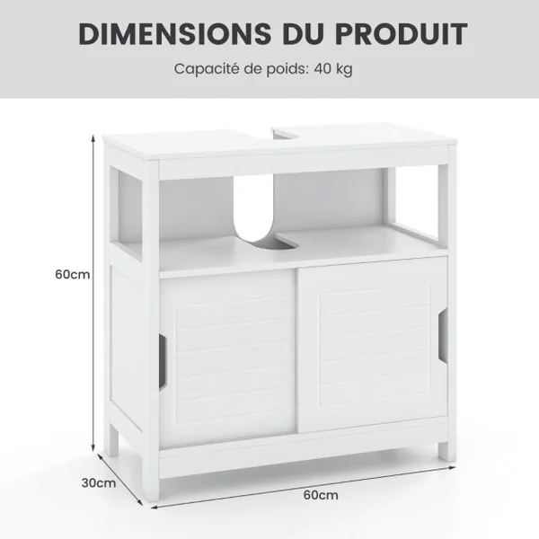 Meuble de Rangement pour Lavabo Meuble sous Lavabo avec 2 Portes Coulissantes et Découpe en Forme de ‘U’ 60 x 30 x 60 cm Blanc