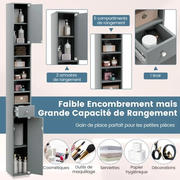 Meuble de Rangement Salle de Bain Meuble Colonne avec 2 Placards à Porte 1 Tiroir et 5 Étagères Réglables 20 x 20 x 180 cm 5 Couleurs au Choix