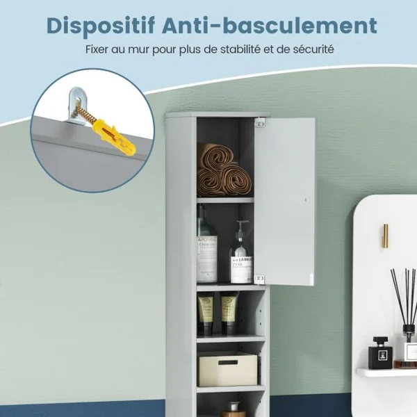 Meuble de Rangement Salle de Bain Meuble Colonne avec 2 Placards à Porte 1 Tiroir et 5 Étagères Réglables 20 x 20 x 180 cm 5 Couleurs au Choix