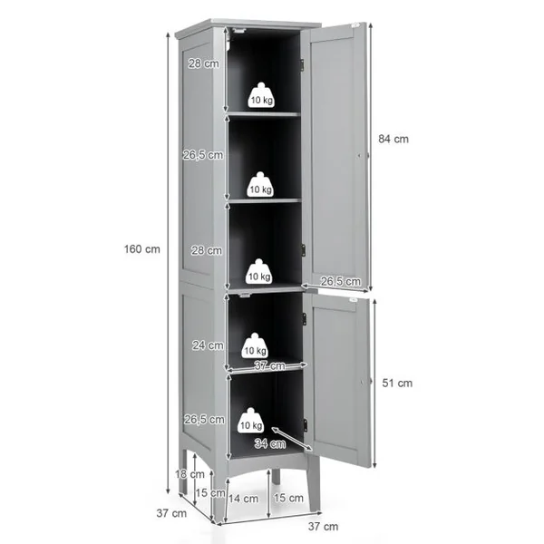 Meuble de Rangement Salle de Bain Meuble Colonne sur Pied avec Rangement à 5 Niveaux Organisateur de Rangement 37 x 37 x 160 cm Gris/Noir/Blanc/Brun