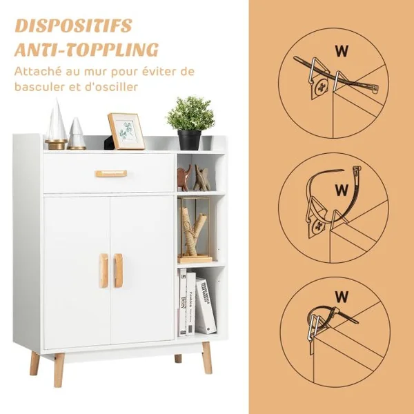 Meuble de Rangement Scandinave 1 Tiroir 2 Portes 3 Etagères 80 x 30 x 95 CM Blanc