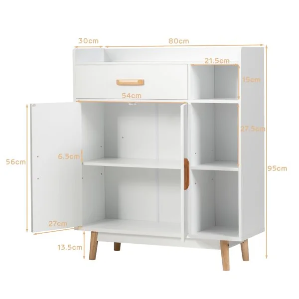 Meuble de Rangement Scandinave 1 Tiroir 2 Portes 3 Etagères 80 x 30 x 95 CM Blanc
