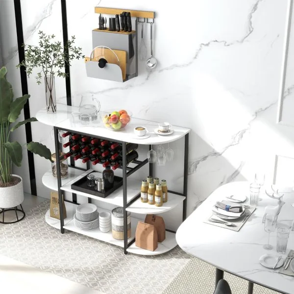 Meuble de Rangement à 3 Niveaux avec Casier de Vin Porte-verre 120x40x91CM Étagères de Vin Industrielle pour 18 Bouteilles Blanc