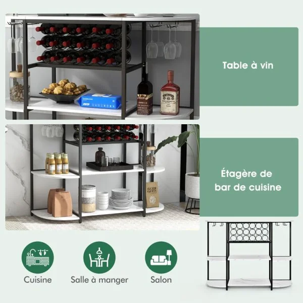 Meuble de Rangement à 3 Niveaux avec Casier de Vin Porte-verre 120x40x91CM Étagères de Vin Industrielle pour 18 Bouteilles Blanc