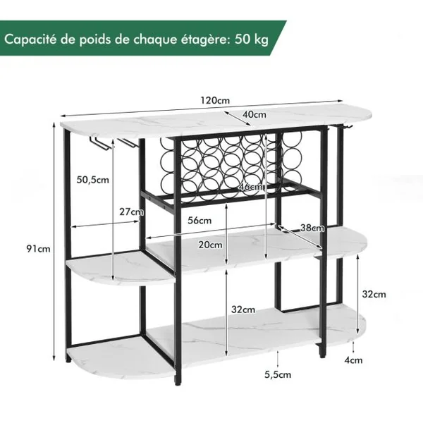 Meuble de Rangement à 3 Niveaux avec Casier de Vin Porte-verre 120x40x91CM Étagères de Vin Industrielle pour 18 Bouteilles Blanc