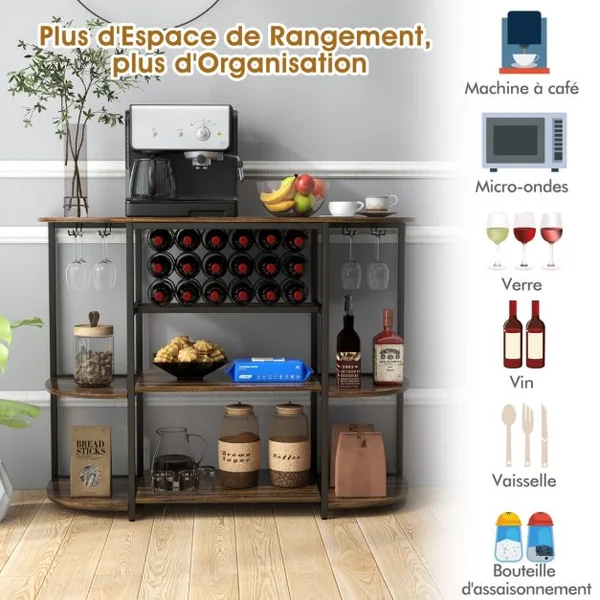 Meuble de Rangement à 3 Niveaux avec Casier de Vin Porte-verre 120x40x91CM Étagères de Vin Industrielle pour 18 Bouteilles Marron