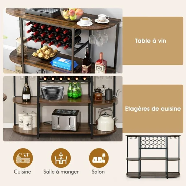 Meuble de Rangement à 3 Niveaux avec Casier de Vin Porte-verre 120x40x91CM Étagères de Vin Industrielle pour 18 Bouteilles Marron