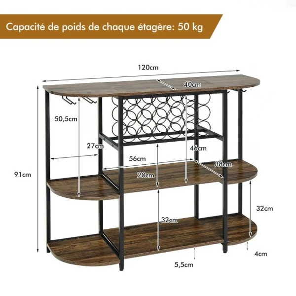 Meuble de Rangement à 3 Niveaux avec Casier de Vin Porte-verre 120x40x91CM Étagères de Vin Industrielle pour 18 Bouteilles Marron