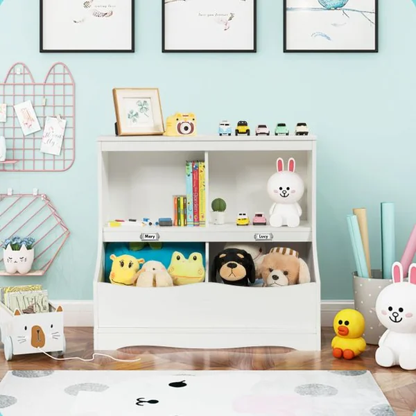Meuble de Rangement à Jouet pour Enfant Inclus 4 Compartiments de Rangement Avec Coin Arrondis et Surface Lisse Blanc