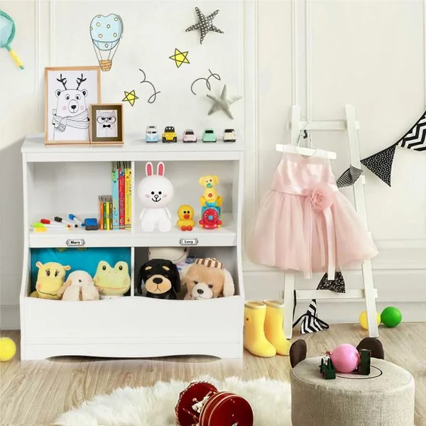 Meuble de Rangement à Jouet pour Enfant Inclus 4 Compartiments de Rangement Avec Coin Arrondis et Surface Lisse Blanc