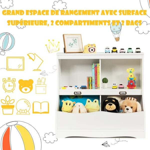 Meuble de Rangement à Jouet pour Enfant Inclus 4 Compartiments de Rangement Avec Coin Arrondis et Surface Lisse Blanc