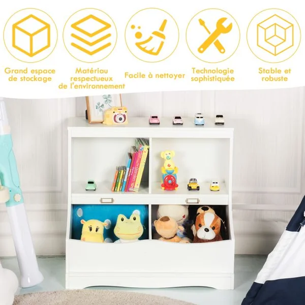 Meuble de Rangement à Jouet pour Enfant Inclus 4 Compartiments de Rangement Avec Coin Arrondis et Surface Lisse Blanc