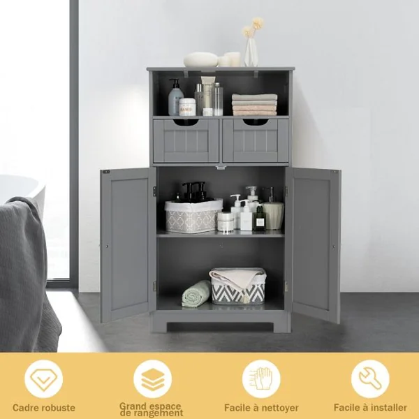 Meuble de Salle de Bain Armoire Rangement de Toilette 60 x 30 x 109 CM avec 2 Tiroirs et 2 Portes Blanc/Café/Gris/Noir