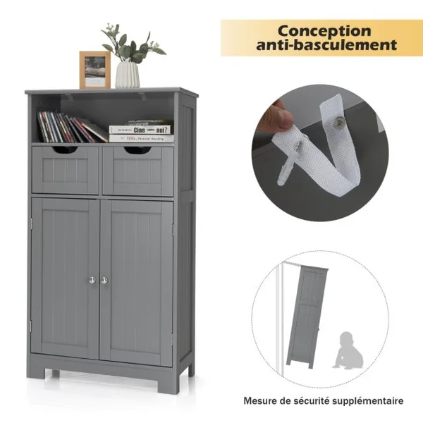 Meuble de Salle de Bain Armoire Rangement de Toilette 60 x 30 x 109 CM avec 2 Tiroirs et 2 Portes Blanc/Café/Gris/Noir