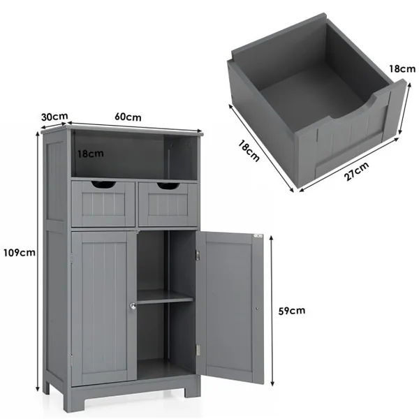 Meuble de Salle de Bain Armoire Rangement de Toilette 60 x 30 x 109 CM avec 2 Tiroirs et 2 Portes Blanc/Café/Gris/Noir