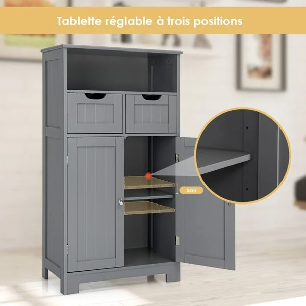 Meuble de Salle de Bain Armoire Rangement de Toilette 60 x 30 x 109 CM avec 2 Tiroirs et 2 Portes Blanc/Café/Gris/Noir