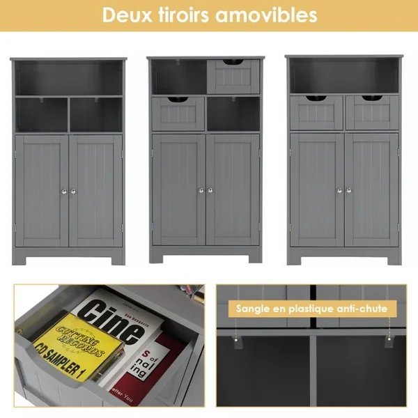 Meuble de Salle de Bain Armoire Rangement de Toilette 60 x 30 x 109 CM avec 2 Tiroirs et 2 Portes Blanc/Café/Gris/Noir