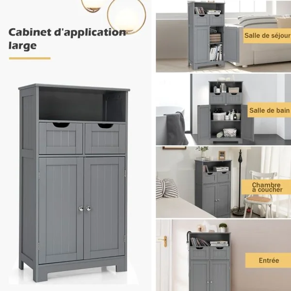 Meuble de Salle de Bain Armoire Rangement de Toilette 60 x 30 x 109 CM avec 2 Tiroirs et 2 Portes Blanc/Café/Gris/Noir