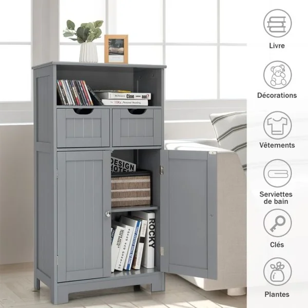 Meuble de Salle de Bain Armoire Rangement de Toilette 60 x 30 x 109 CM avec 2 Tiroirs et 2 Portes Blanc/Café/Gris/Noir