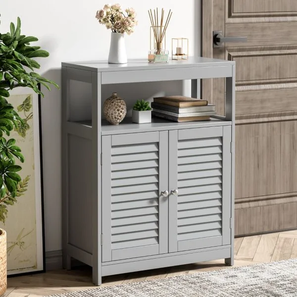 Meuble de Salle de Bain avec 2 Portes à Lamelles et Etagères Réglables sur Hauteur Armoire Blanc 60 x 30 x 80,5 CM en Bois Gris