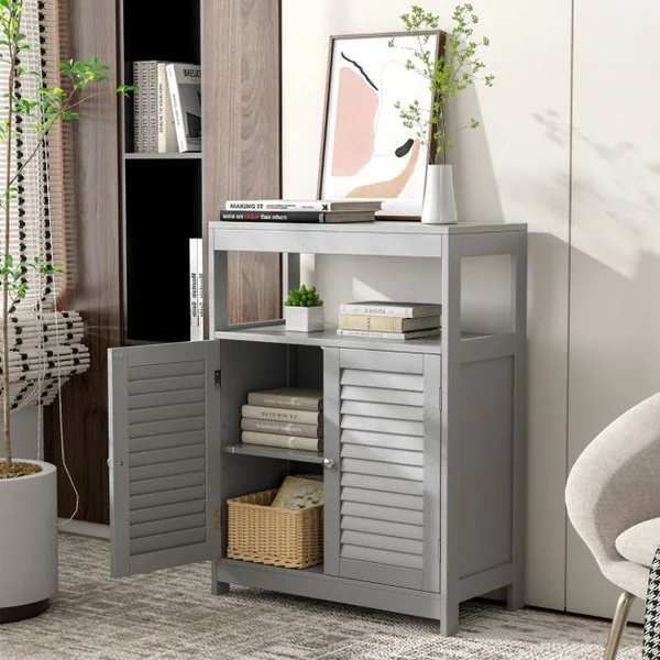 Meuble de Salle de Bain avec 2 Portes à Lamelles et Etagères Réglables sur Hauteur Armoire Blanc 60 x 30 x 80,5 CM en Bois Gris