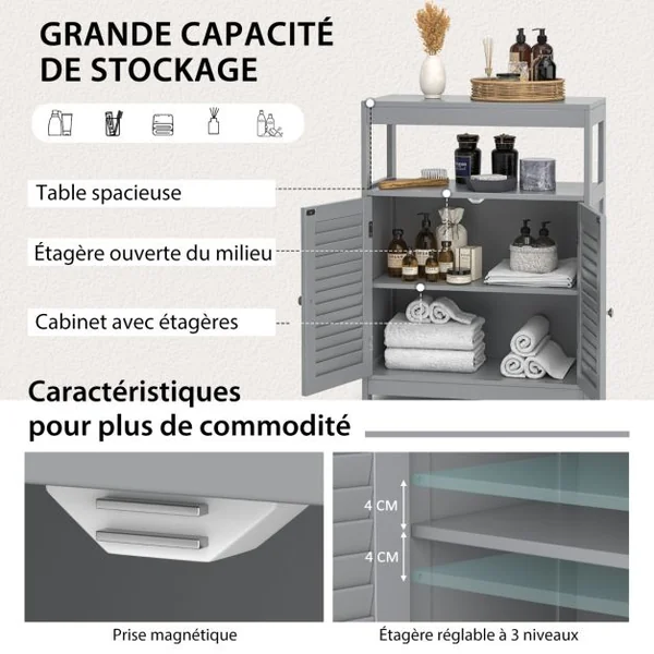 Meuble de Salle de Bain avec 2 Portes à Lamelles et Etagères Réglables sur Hauteur Armoire Blanc 60 x 30 x 80,5 CM en Bois Gris