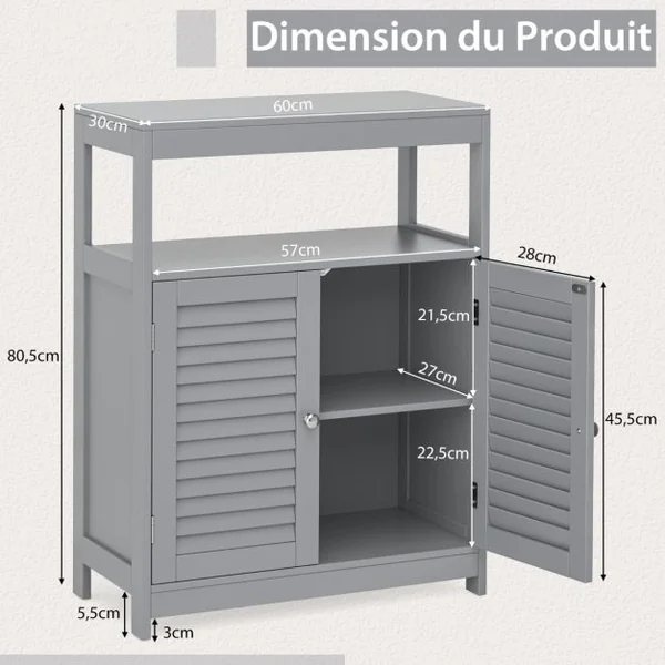 Meuble de Salle de Bain avec 2 Portes à Lamelles et Etagères Réglables sur Hauteur Armoire Blanc 60 x 30 x 80,5 CM en Bois Gris