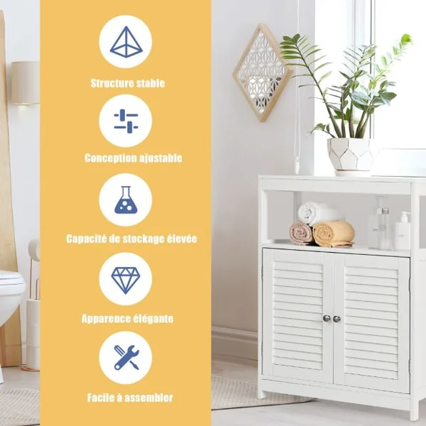 Meuble de Salle de Bain avec 2 Portes à Lamelles et Etagères Réglables sur Hauteur Armoire Blanc 60 x 30 x 80,5 CM en Bois