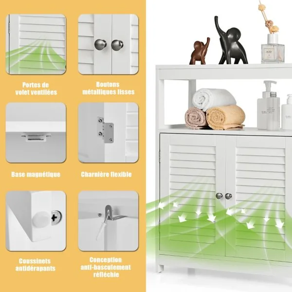 Meuble de Salle de Bain avec 2 Portes à Lamelles et Etagères Réglables sur Hauteur Armoire Blanc 60 x 30 x 80,5 CM en Bois