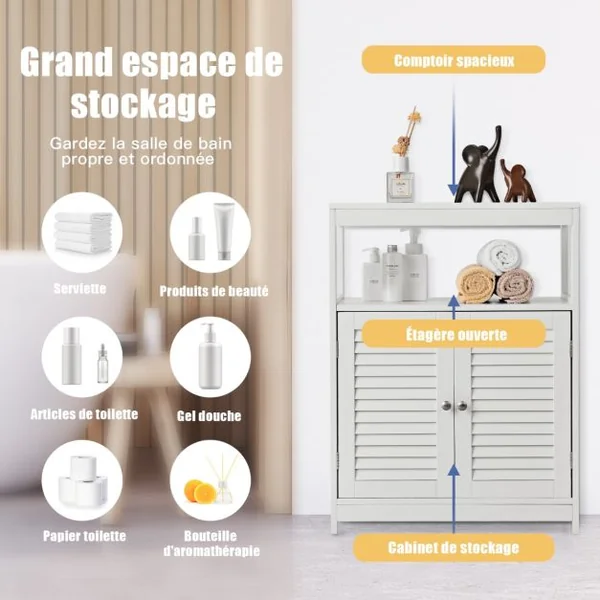 Meuble de Salle de Bain avec 2 Portes à Lamelles et Etagères Réglables sur Hauteur Armoire Blanc 60 x 30 x 80,5 CM en Bois