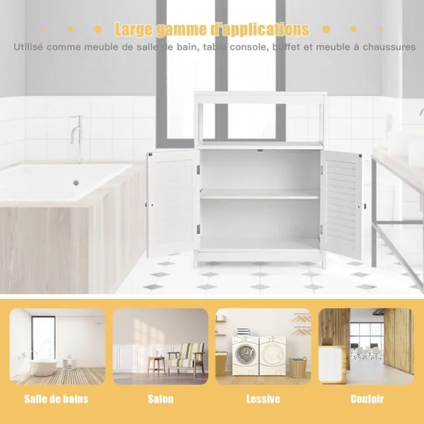 Meuble de Salle de Bain avec 2 Portes à Lamelles et Etagères Réglables sur Hauteur Armoire Blanc 60 x 30 x 80,5 CM en Bois