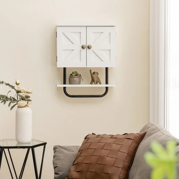 Meuble de Salle de Bain Mural à 2 Portes avec Étagère et Porte-serviettes Armoire à Pharmacie Gain de Place Montage Facile 43 x 20 x 53 cm Blanc