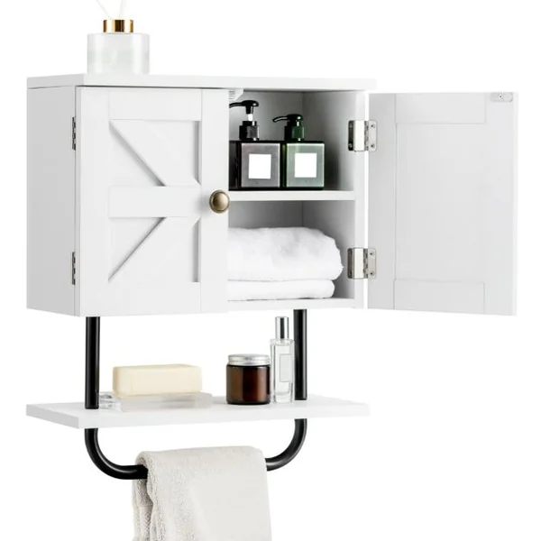 Meuble de Salle de Bain Mural à 2 Portes avec Étagère et Porte-serviettes Armoire à Pharmacie Gain de Place Montage Facile 43 x 20 x 53 cm Blanc