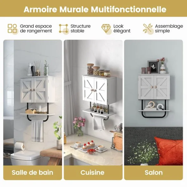 Meuble de Salle de Bain Mural à 2 Portes avec Étagère et Porte-serviettes Armoire à Pharmacie Gain de Place Montage Facile 43 x 20 x 53 cm Blanc